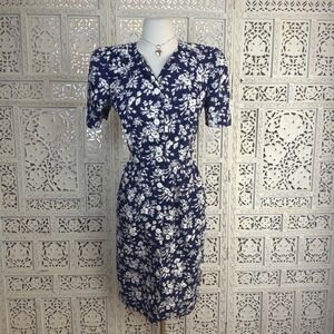 Vtg Blue Floral Button Up Dress Sz M Cottage Granny Prairie Retro 80's